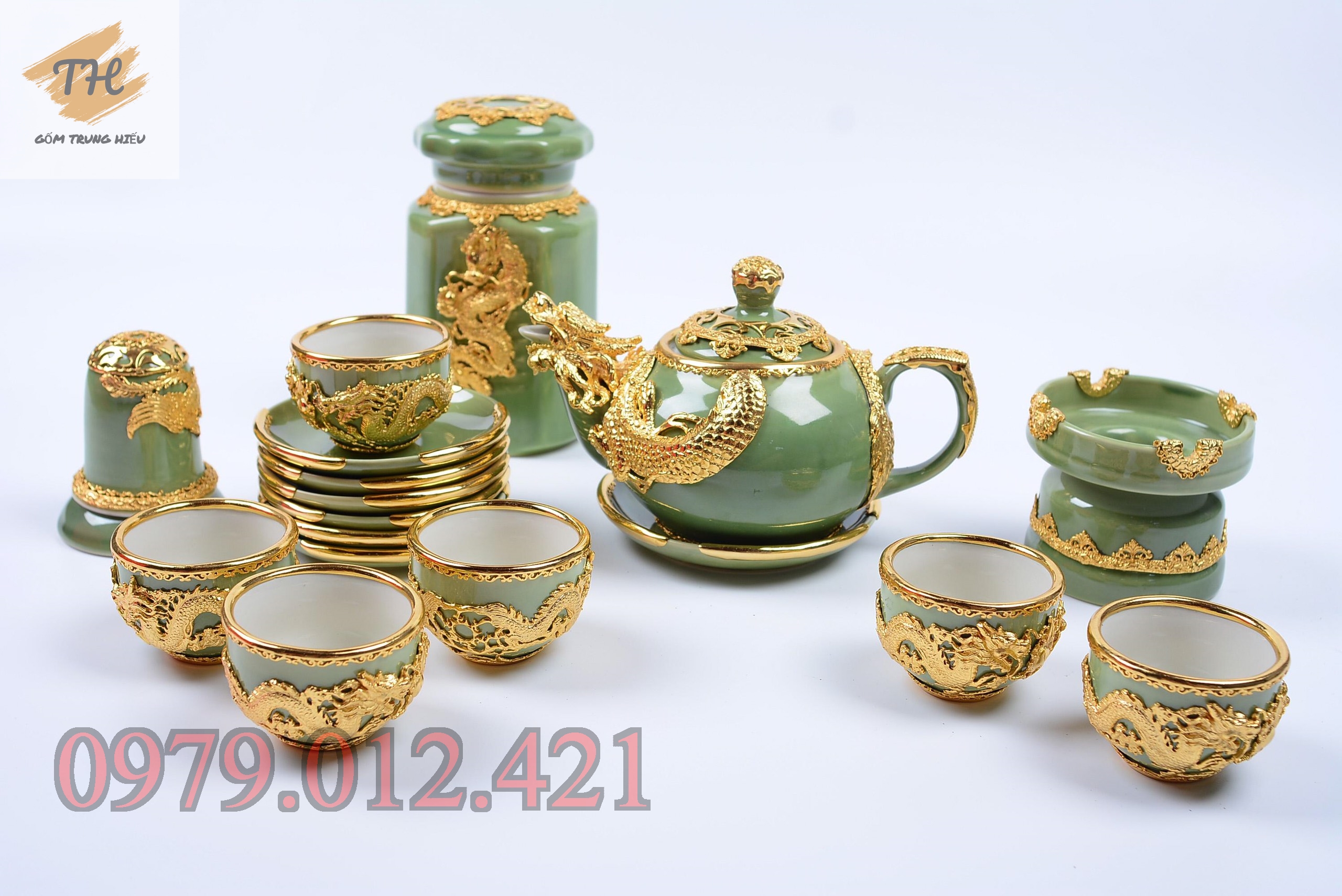 Bộ ấm chén bọc đồng rồng xanh ngọc Bát Tràng (không kèm khay gỗ)