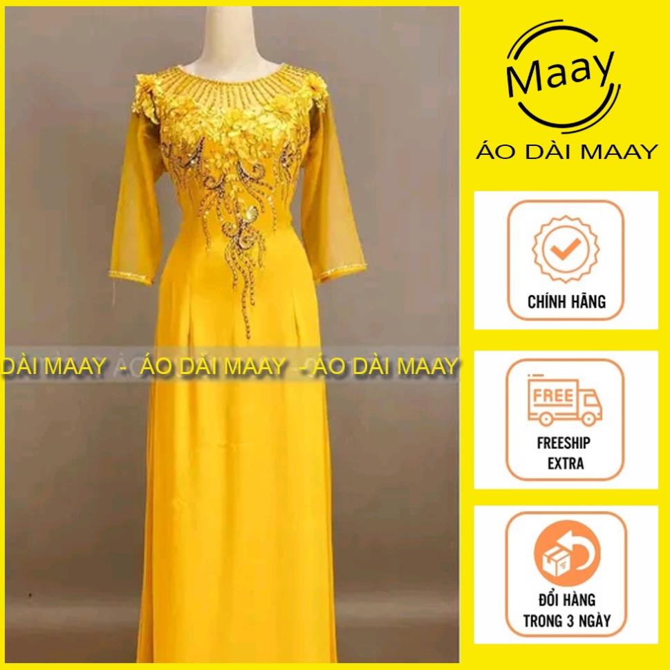 Áo dài trung niên tặng mẹ đính kết cổ phối tay lỡ áo dài bà sui Maay
