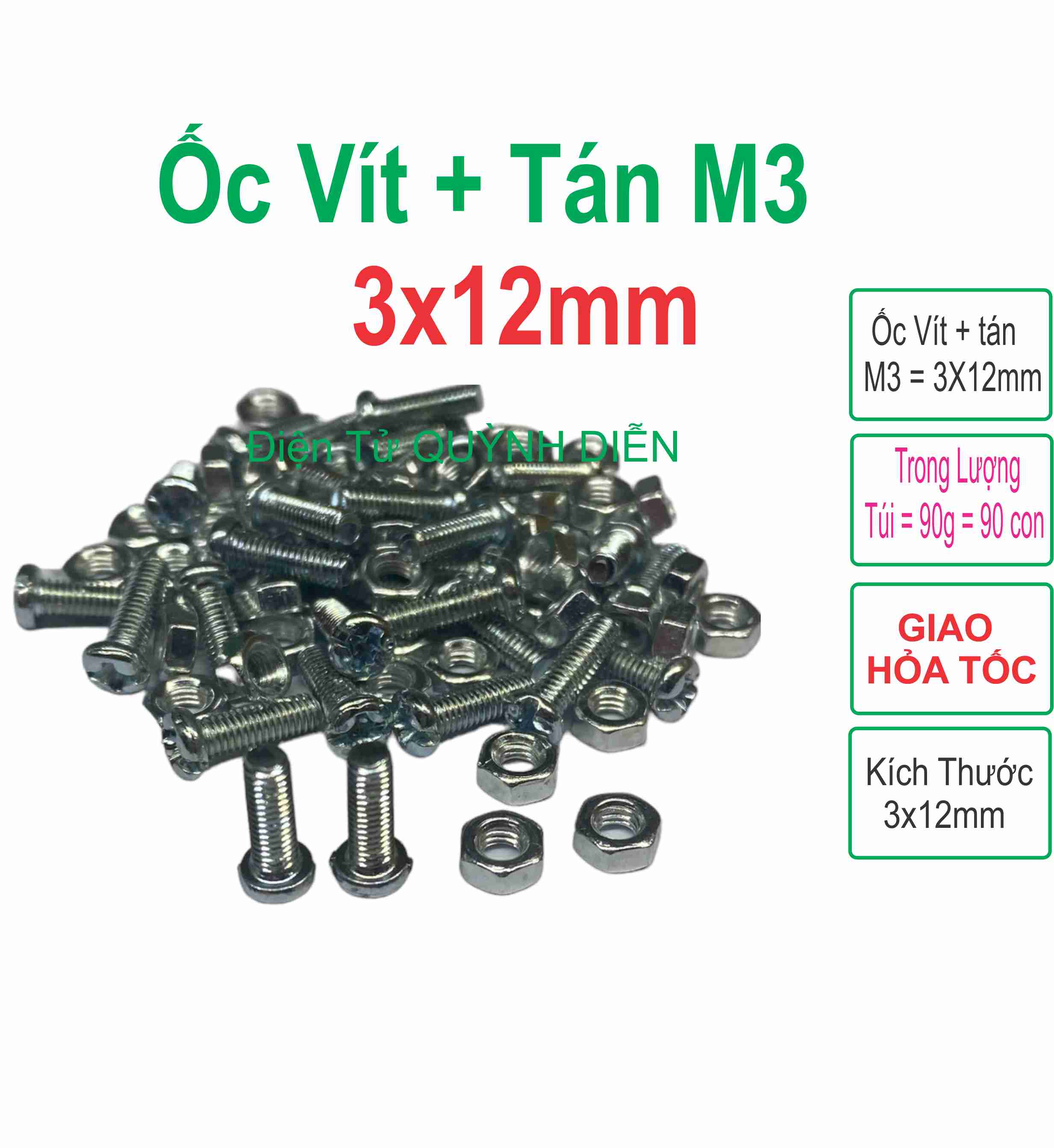 Ốc vít tán M3 3ly dài 1.2cm ( túi 90g ~ 90 con)