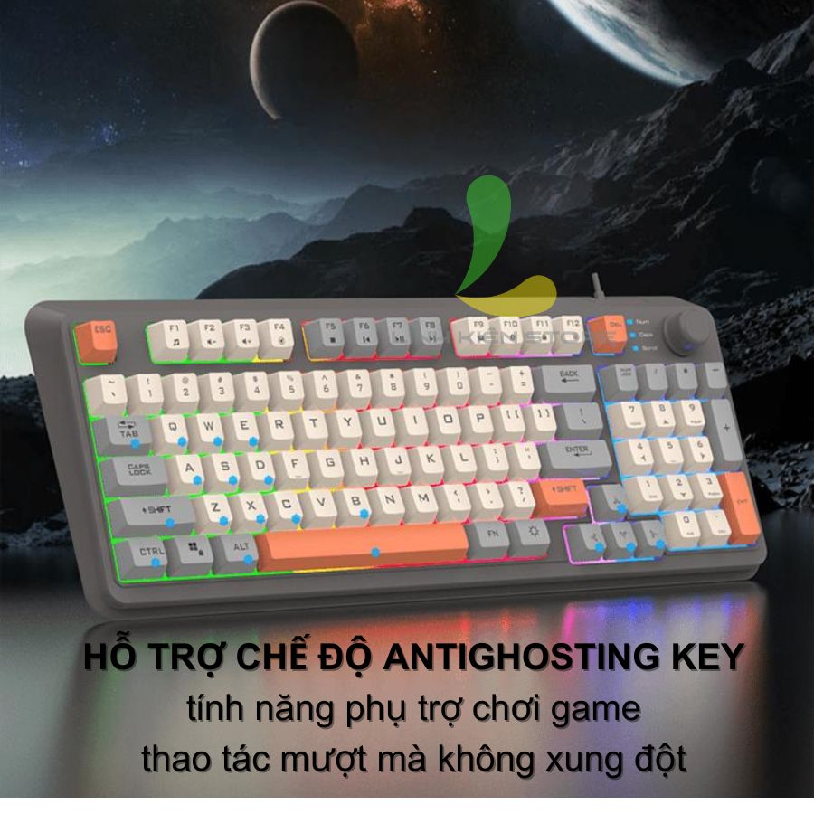 Bàn phím giả cơ gaming XUNFOX K82 - Bàn phím chơi game thiết kế 94 phím có đèn led 7 màu kèm theo nút vặn âm lượng