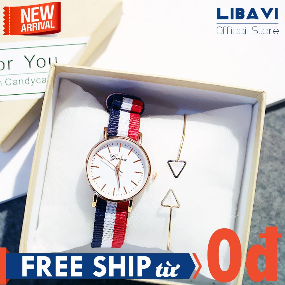 [TẶNG VÒNG TAY NGẪU NHIÊN] Đồng hồ nữ Geneva C36, mặt tròn, dây đeo vải 3 màu, chạy 3 kim, kháng nước, chống trầy xước nhẹ