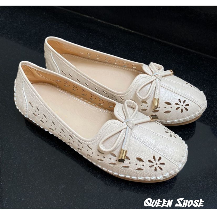 Giày lười nữ - giày bệt nữ đính nơ - giày búp bê nữ thiết kế đục lỗ hoa văn sang chảnh giá rẻ