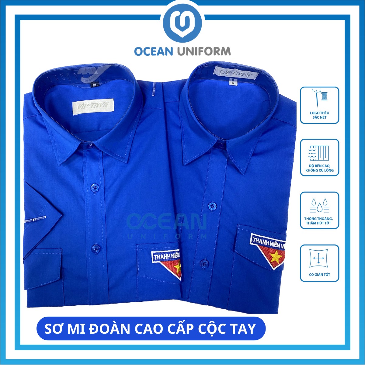 Áo Sơ Mi Đoàn Thanh Niên Cao Cấp Cộc Tay Nam Nữ,Vải Pangzim Hàn Quốc,Logo Thêu [OCEAN UNIFORM]