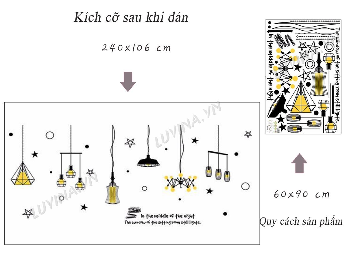 [HCM]DECAL DÁN TƯỜNG CHÙM ĐÈN SAO VÀNG VÀ MÈO