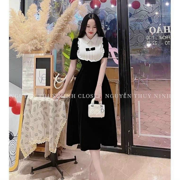 Đầm dáng xòe có cổ đính nơ trước ngực tay ngắn trẻ trung năng động