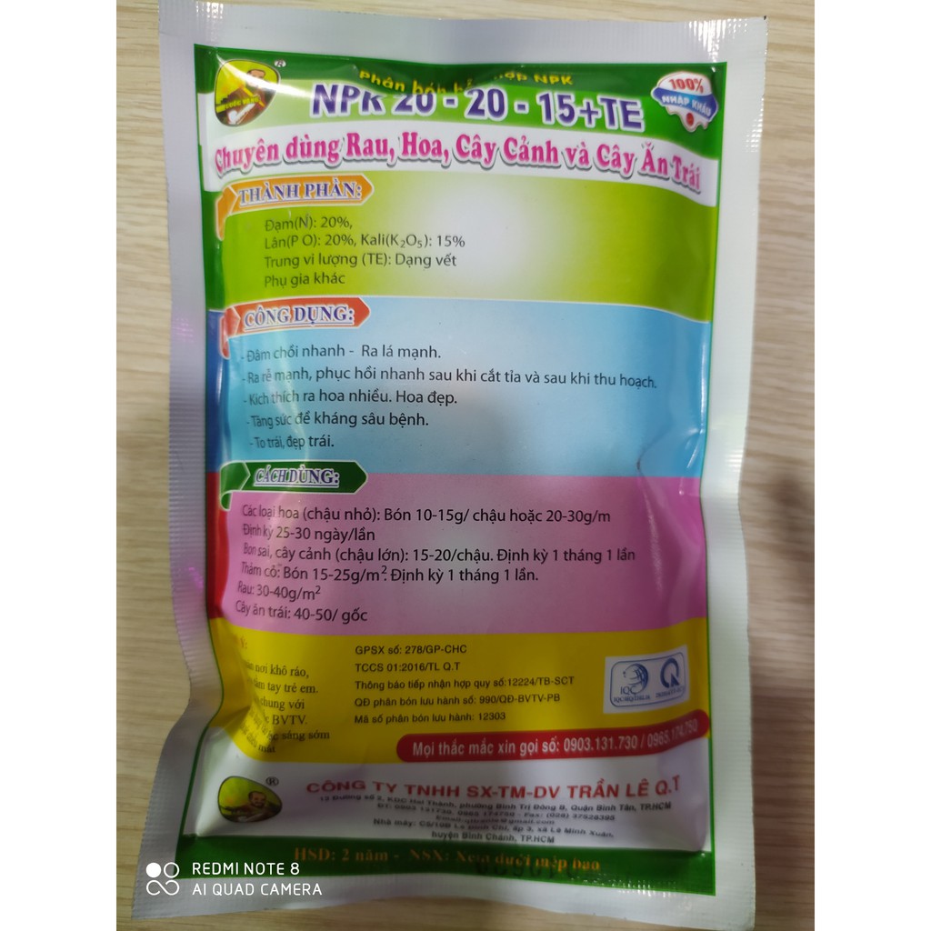 PHÂN BÓN NPK 20-20-15+TE-200gr