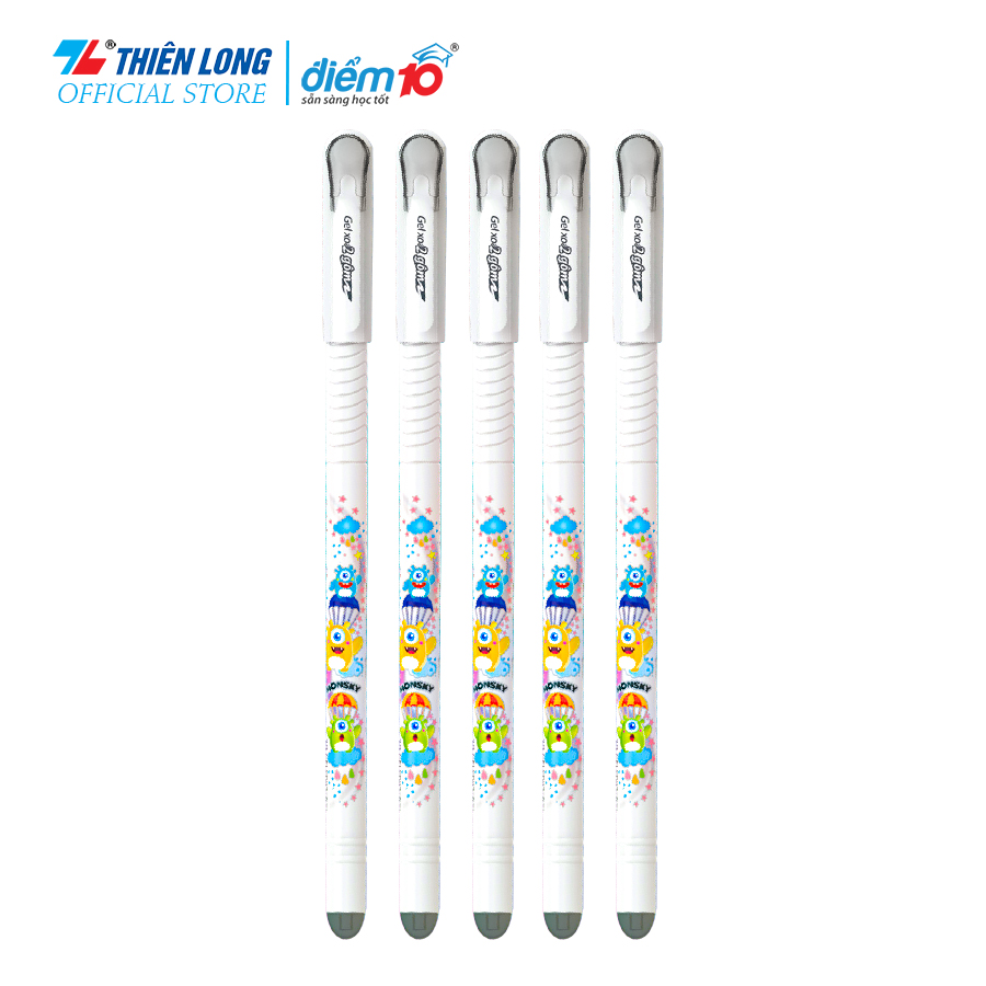 Combo 5 bút gel xóa được thiên long điểm 10 tp-gele002 ngòi 0.5mm mực xanh/tím/đen có nắp đậy, mực chất lượng cao không độc hại