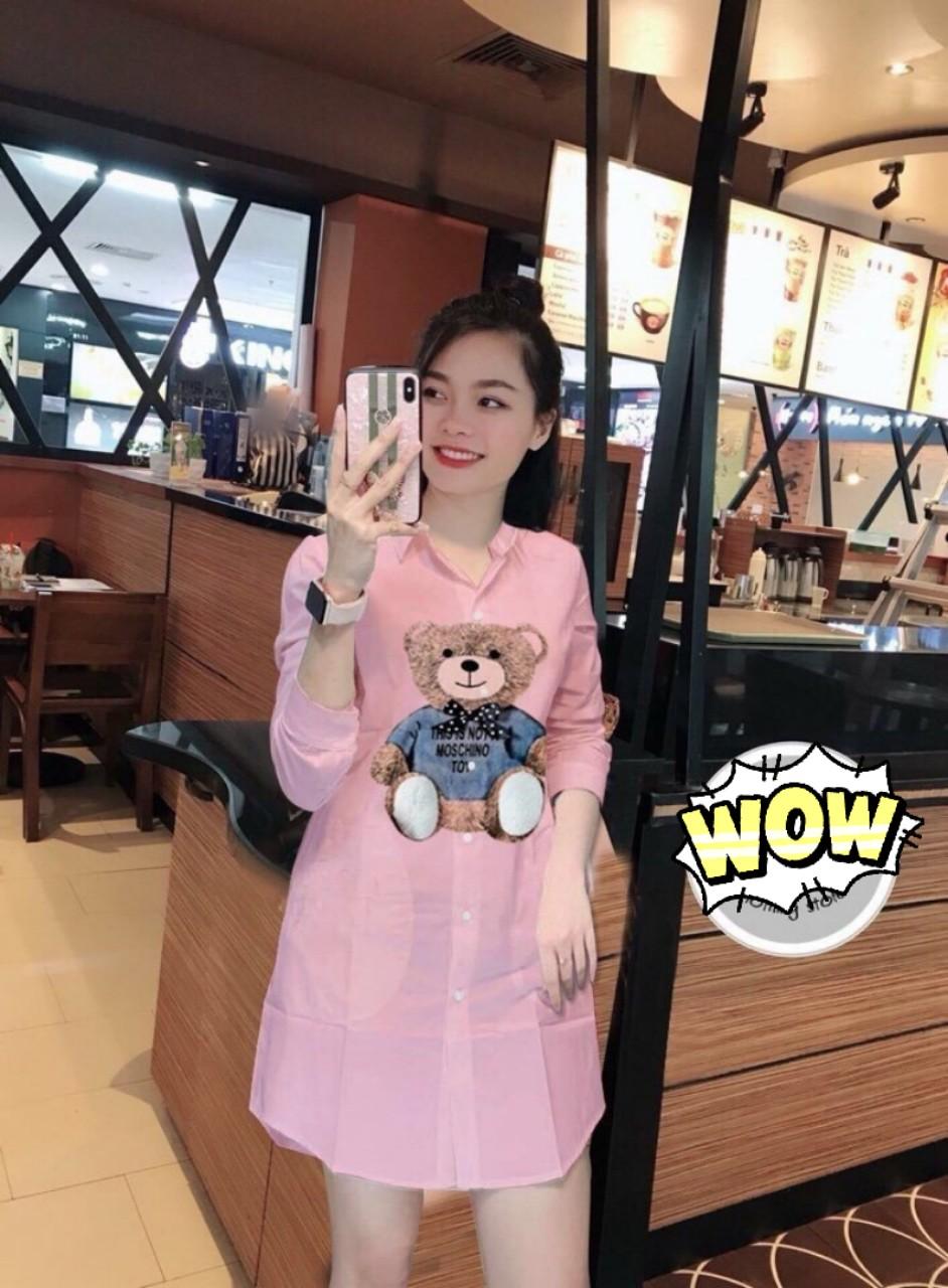 Đầm sơ mi in hình gấu siêu xinh