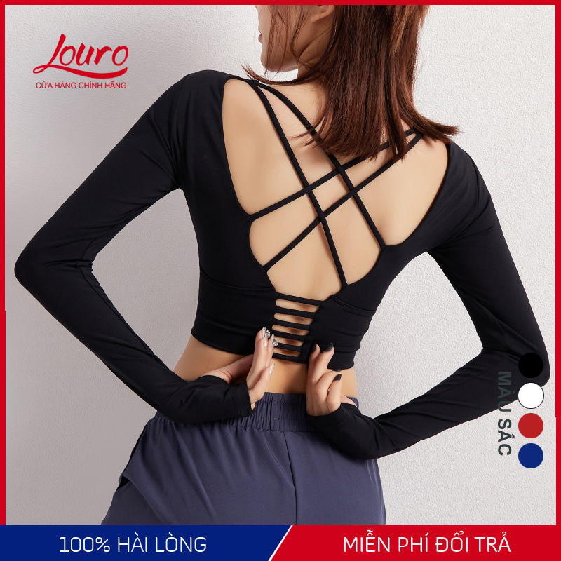 Áo tập gym yoga dài tay Louro, kiểu áo croptop body dài đan chéo, có sẵn mút ngực, chất liệu co giãn, thoáng mát - A30D