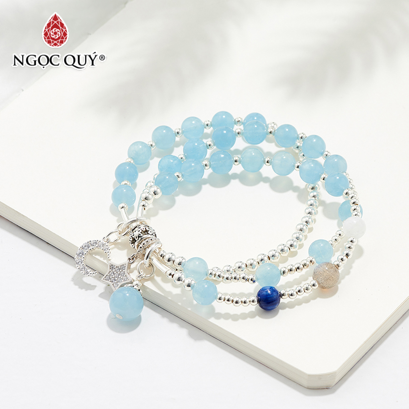 Vòng tay 3 line đá aqumarine charm bạc mệnh thủy mộc - Ngọc Quý Gemstones
