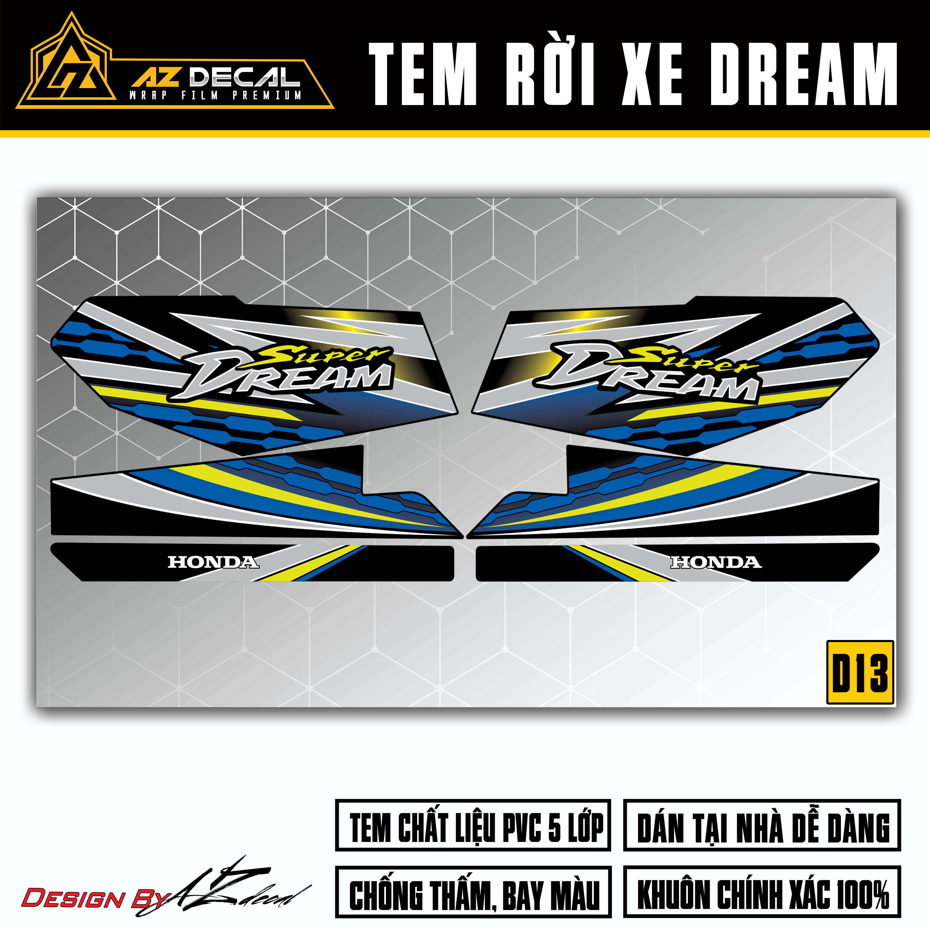 Tem chế super dream | d13 | bộ tem rời dán xe dream việt, thái, chất liệu decal chống nước, bền màu - azdecal