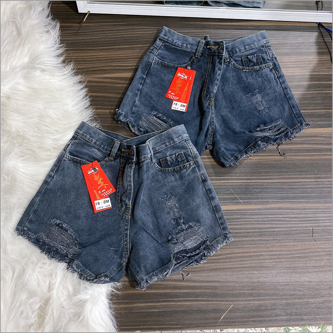 Quần short jean nữ xám rách hai bên x8-10