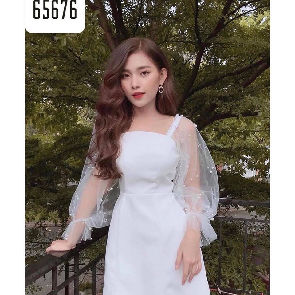 ( ẢNH THẬT) VÁY ĐẦM CHỮ A CỔ VUÔNG TAY ĐÍNH NGỌC BO CHUN 89 HÀN QUỐC SIÊU HOT MÂY2