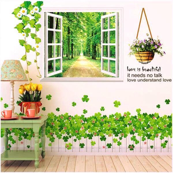 [HCM]Decal dán tường cửa sổ xanh và hàng rào trắng