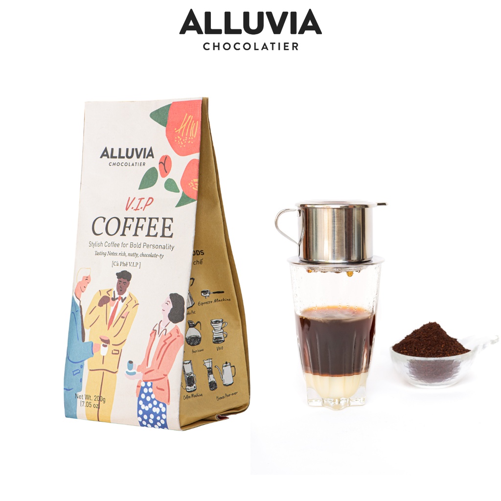Cà phê nguyên chất rang mộc Alluvia V.I.P rang xay gói 200 gram không chất