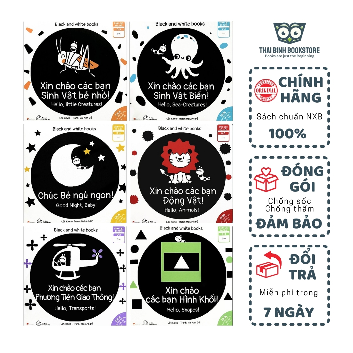Sách - Ehon Kích Thích Thị Giác - Song Ngữ - Black and White books - Bộ 6 Quyển (0-3 tuổi) - Tủ Sách Gia Đình Nhỏ - Thái Bình Bookstore