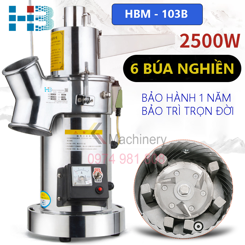Máy nghiền dược liệu, nghiền bột khô, nghiền ngũ cốc nguyên hạt HBM-103B cơ chế nghiền 6 búa liên tục, công suất 2500W