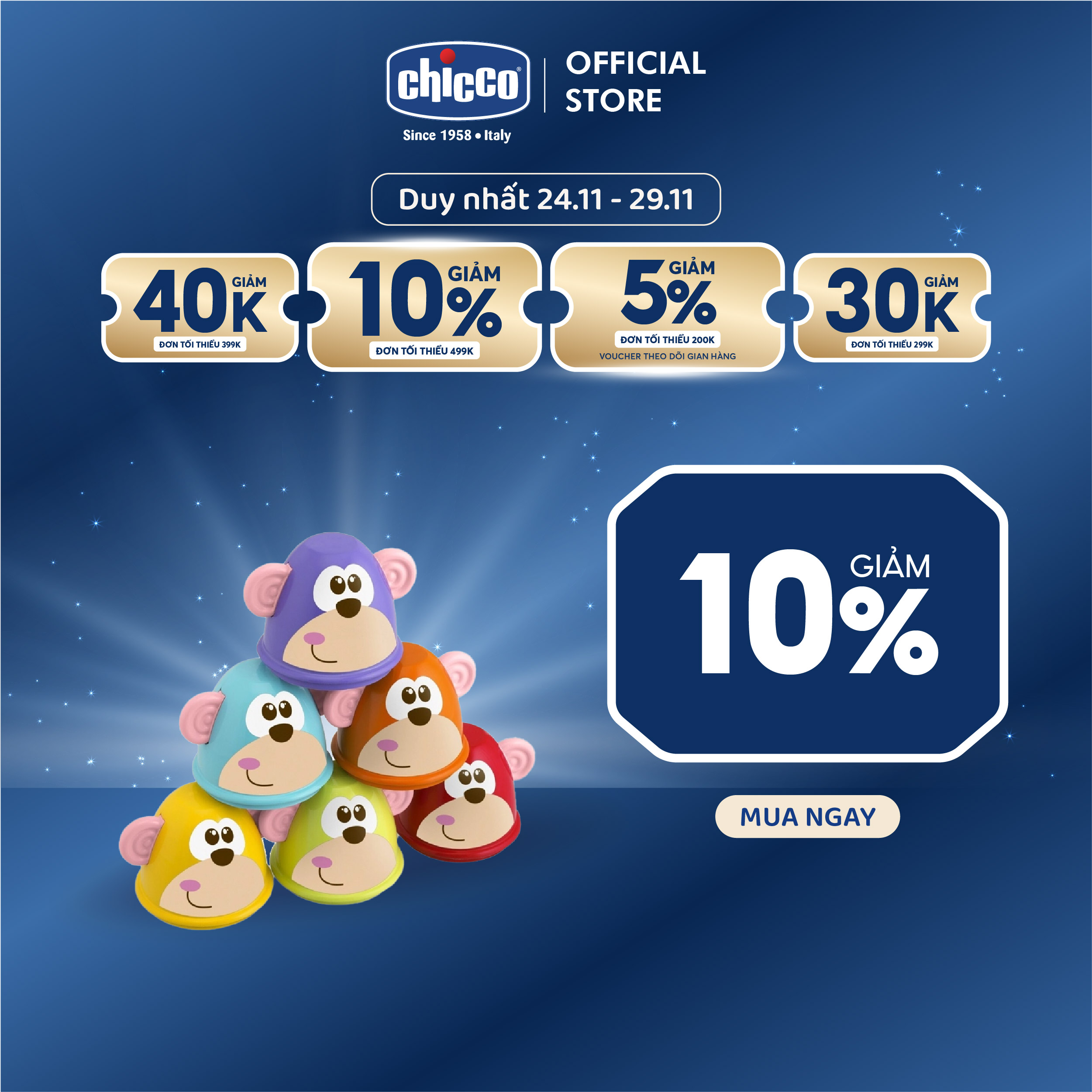 Bộ đồ chơi Bowling khỉ con Chicco 18M+ (Bộ 6 chiếc)