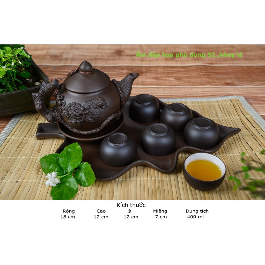 Ấm chén tử sa hoa phù dung Bát Tràng kèm khay