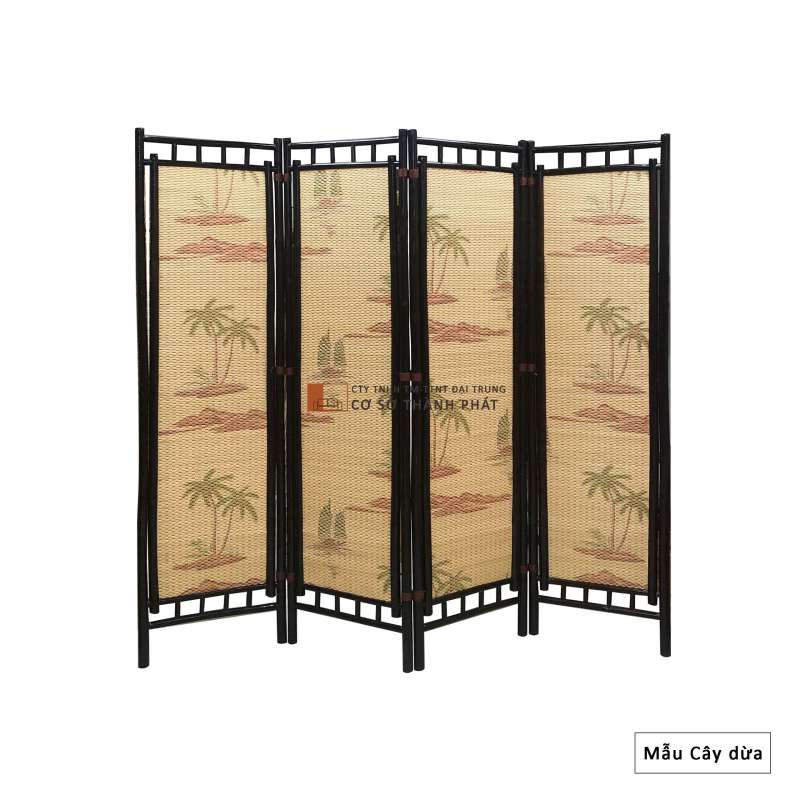 Bình phong tre khung nâu sơn PU, sơn bóng 4 cánh Đại Trung mẫu cây dừa 1m75 x 0.5m