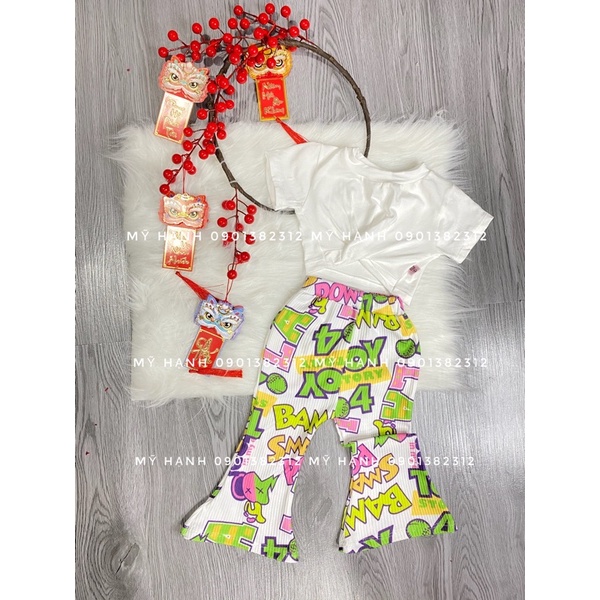 Set áo croptop xoắn eo + quần ống loe cho bé