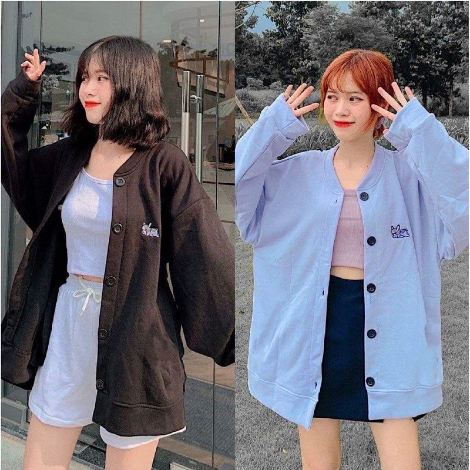 Áo khoác bomber cadigan cún nằm logo ngực HARIQUEEN