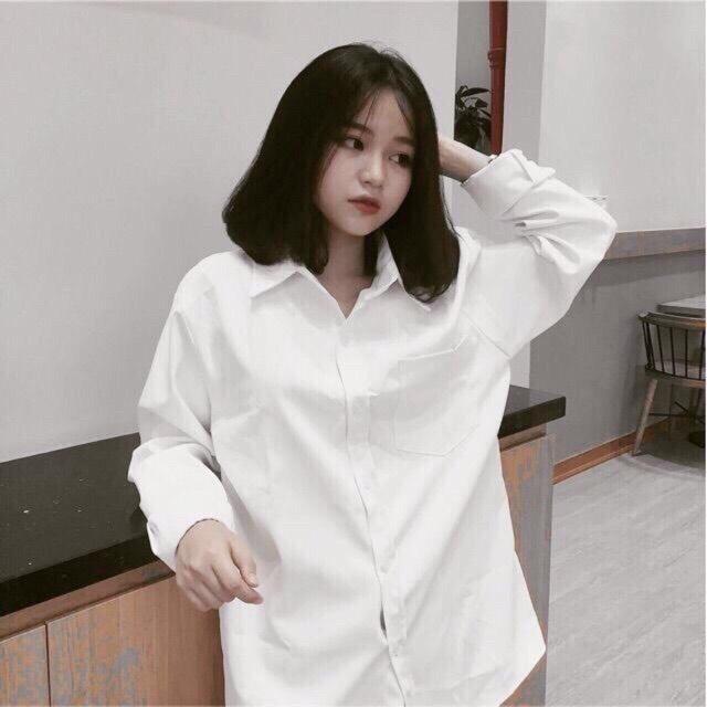 [HOT] Áo Sơ Mi Trắng Trơn Dài Tay 1 Túi Oversize Basic
