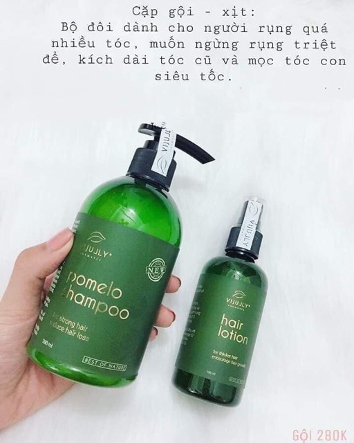 BỘ ĐÔI GIẢM RỤNG TÓC MỌC TÓC - Dầu gội bưởi kích mọc tóc Vijully 280ml + Nước xịt dưỡng tóc tinh dầu bưởi Vijully 100ml giúp giảm rụng tóc kích thích tóc mọc nhanh cho mái tóc dày và dài hơn gấp 2 đến 3 lần