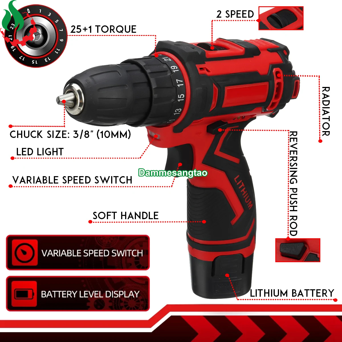 Máy khoan pin 12V 2 cấp tốc độ có đèn báo pin
