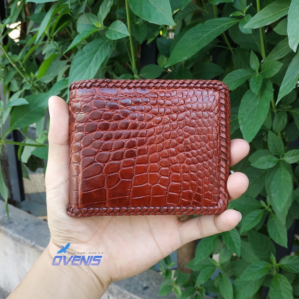 [FREE SHIP] Ví Da Bụng Cá Sấu Thật 2 Mặt Đan Viền Cao Cấp by Ovenis