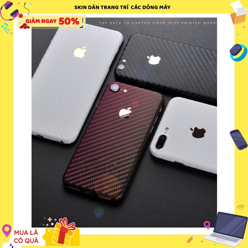 miếng dán skin iphone 7 , 7 plus vân carbon 4D - Đủ Màu