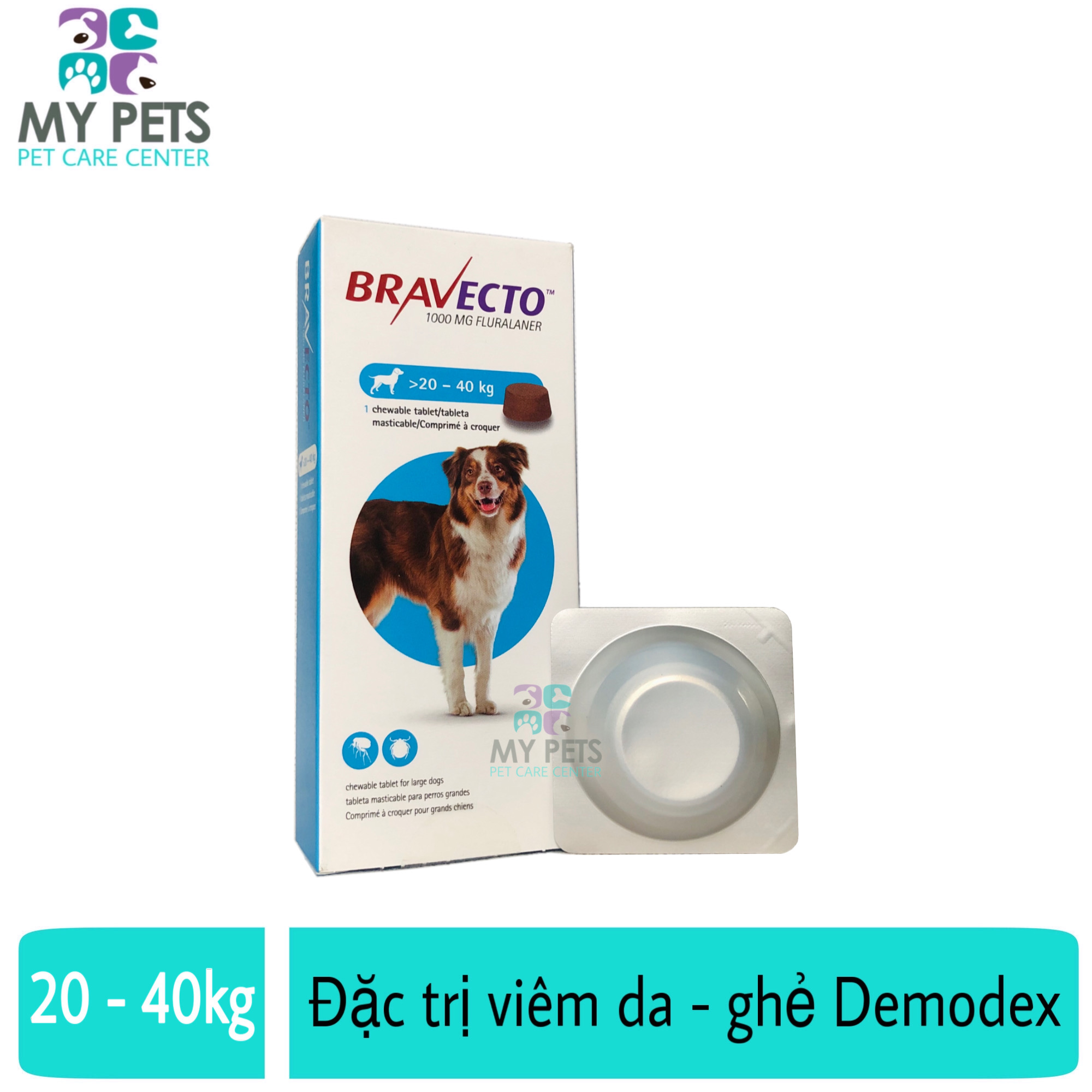 Thuốc trị ve bọ chét viêm da ghẻ máu demodex cho chó - Bravecto 20 - 40kg