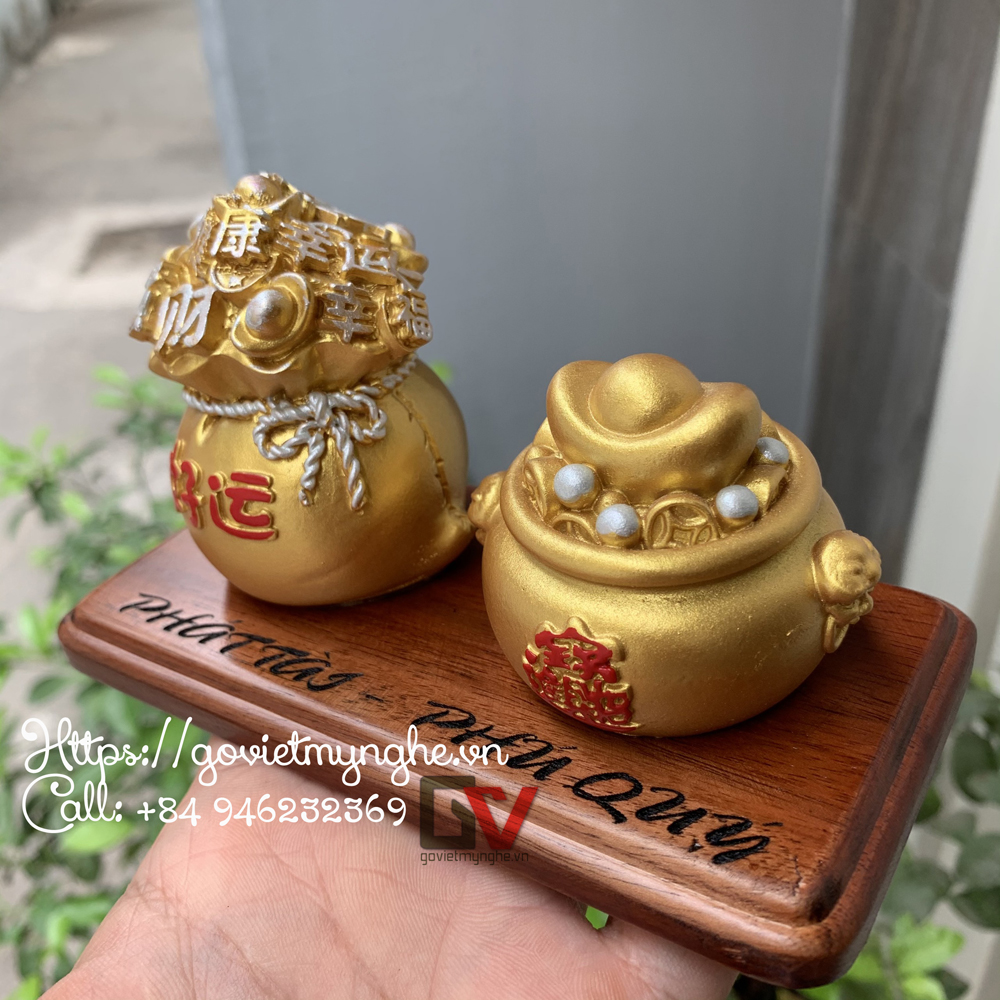 Combo 2 tượng bao tiền phong thủy chiêu cầu tài lộc - Đế gỗ tự nhiên - Cao 7cm