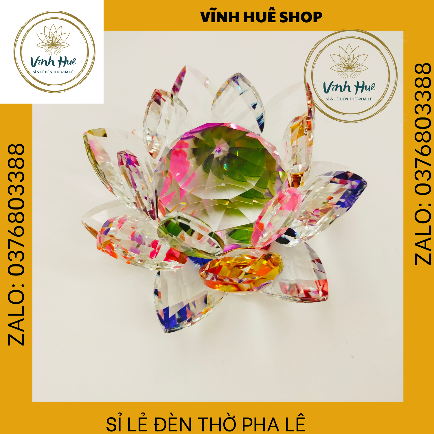 1 CẶP ĐÈN PHA LÊ, ĐÈN THỜ CÚNG, ĐẾ TRÒN HOA SEN MẠCH CHỚP 7 MÀU