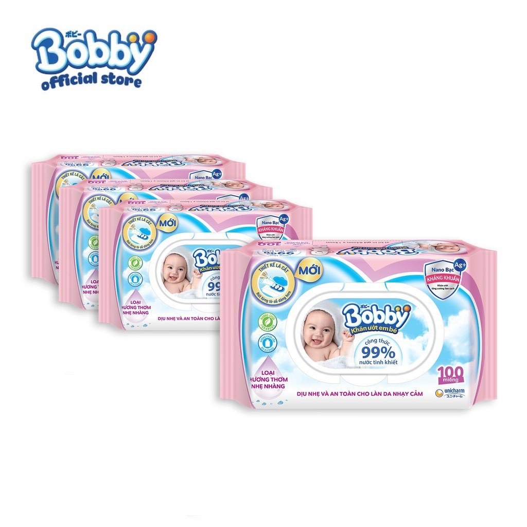 [HÀNG CÔNG TY] Bộ 4 gói Khăn ướt Bobby Care 100 tờ/gói