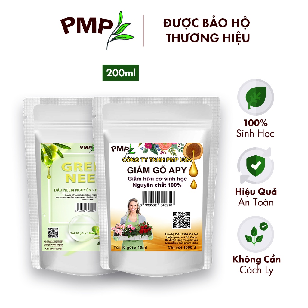 Combo Dầu Green Neem Oil Hữu Cơ & Giấm Gỗ Sinh Học APY PMP Giảm Sâu Bệnh, Bảo Vệ Bộ Lá Cho Hoa Hồng, Rau Sạch