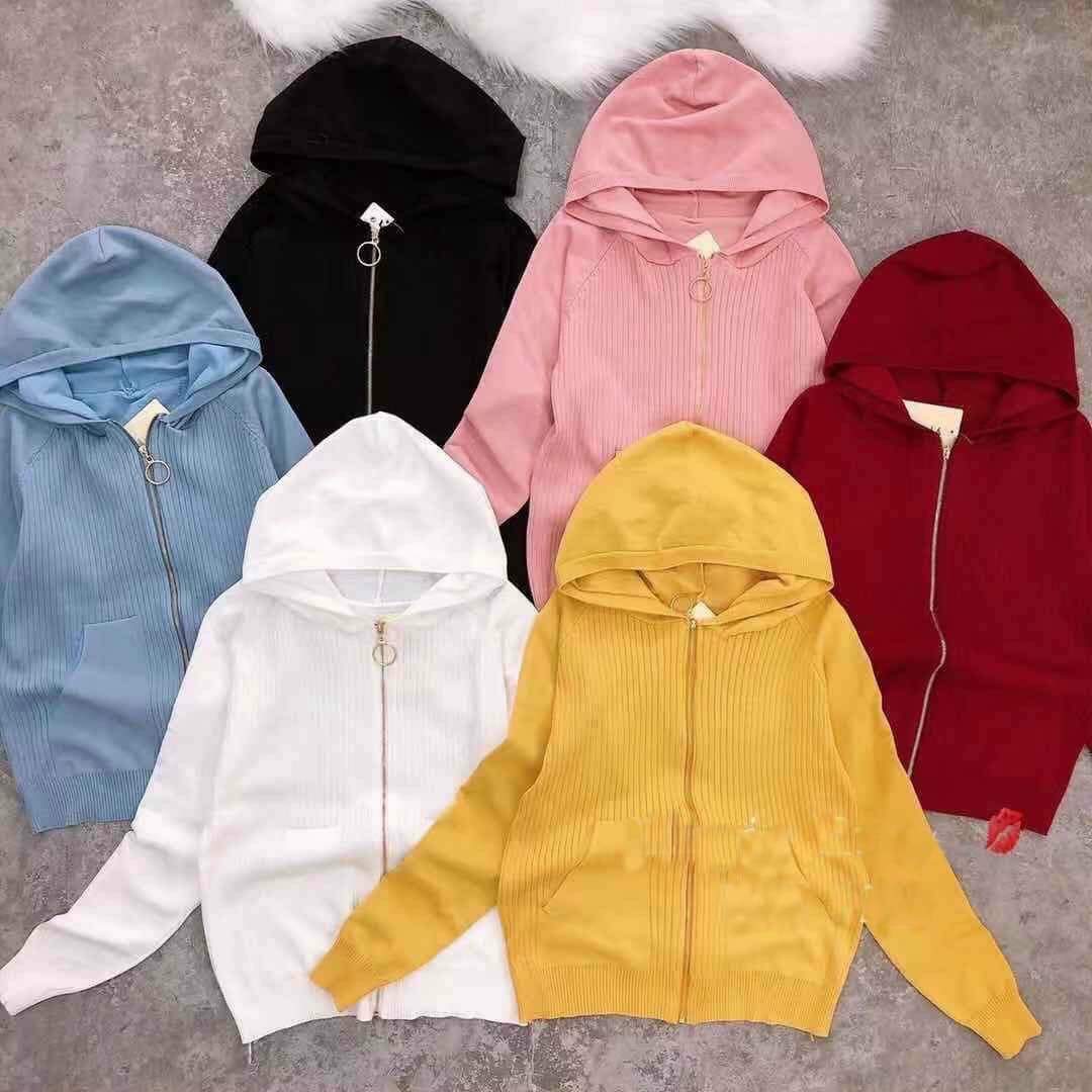 Áo khoác len cardigan nữ phối nón có dây kéo tròn