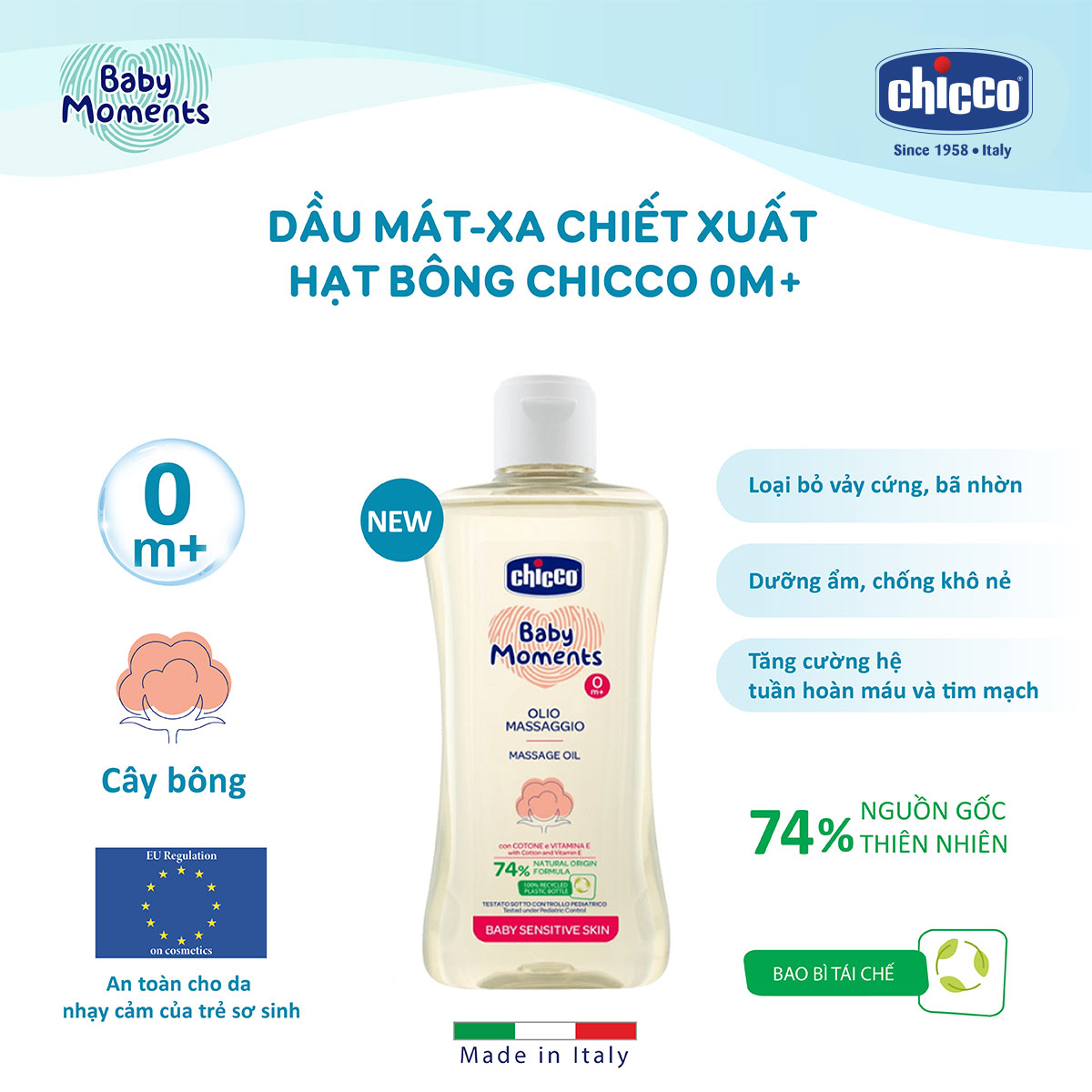 Dầu mát-xa chiết xuất Hạt bông Chicco 0M+ 200ml