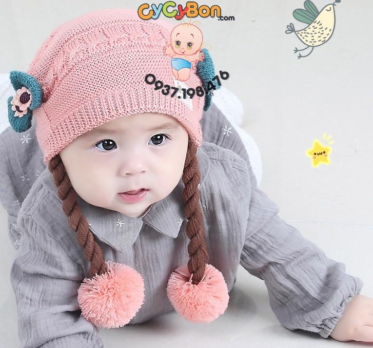 Nón Len Cho Bé Gái Dây Quấn Hai Quả Bông