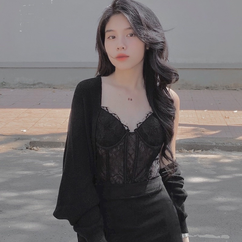 Áo corset ren dây đan (có sẵn mút ngực mỏng) [Shi.Lingerie]