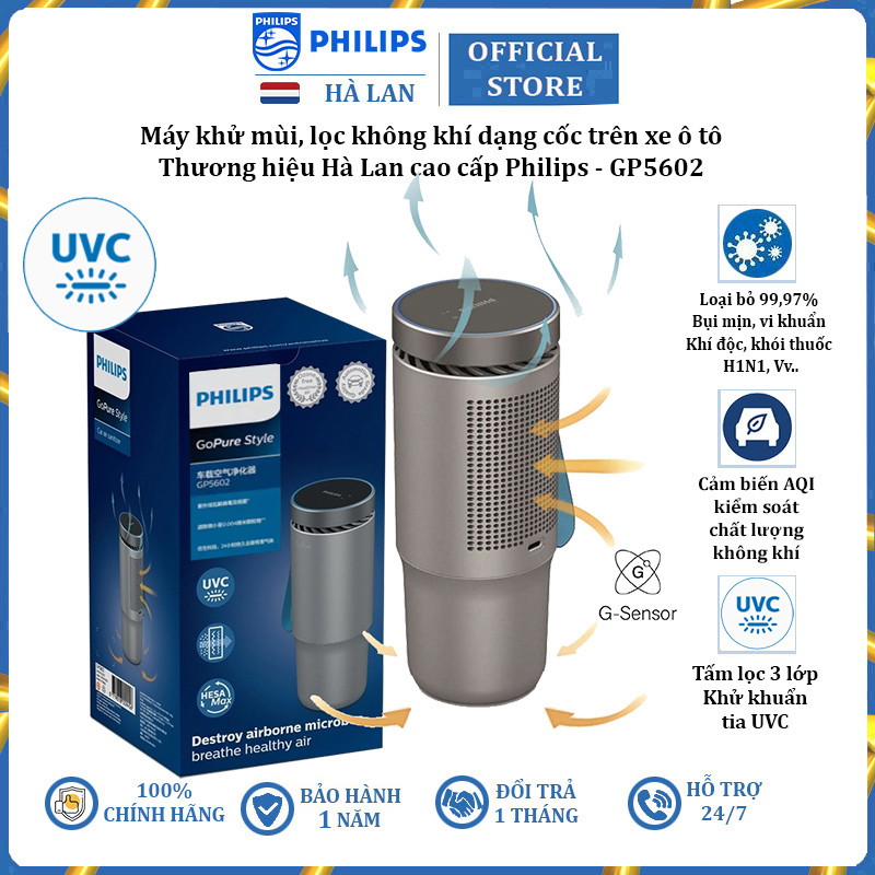 [Trả góp 0%] Máy khử mùi lọc không khí dạng cốc trên xe ô tô cao cấp thương hiệu Philips GP5601 công nghệ UVC LED - Công suất: 5.5W - Điện áp: 5V DC/1A - Hàng Nhập Khẩu Chính Hãng