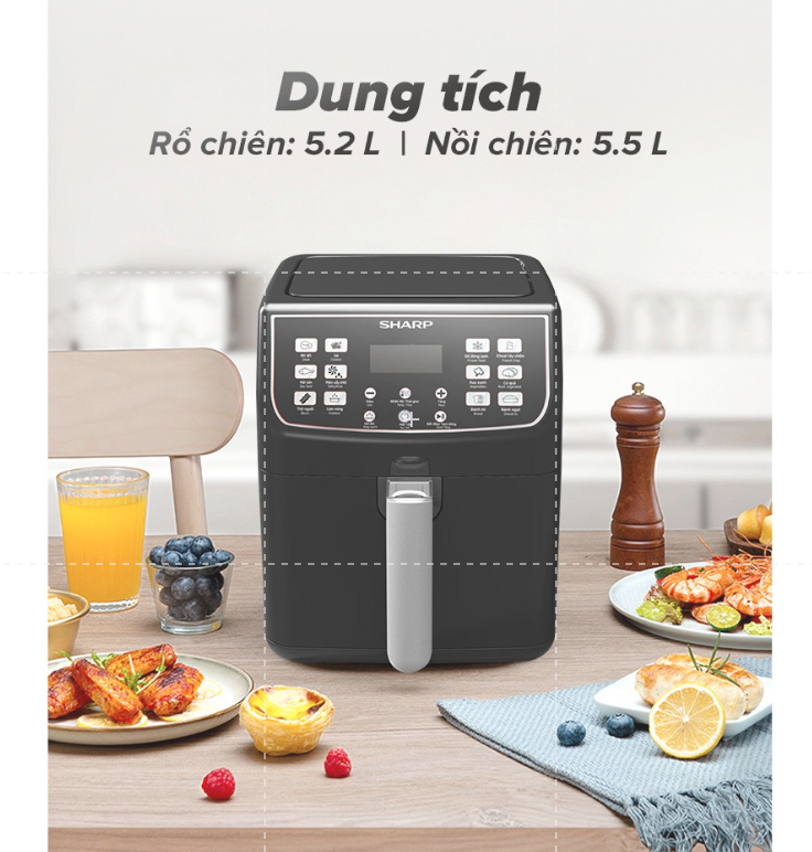 Nồi chiên không dầu Sharp KF-AF55EV-BK (Hàng chính hãng, Dung tích 5.5 lít, Bảo hành 12 tháng)