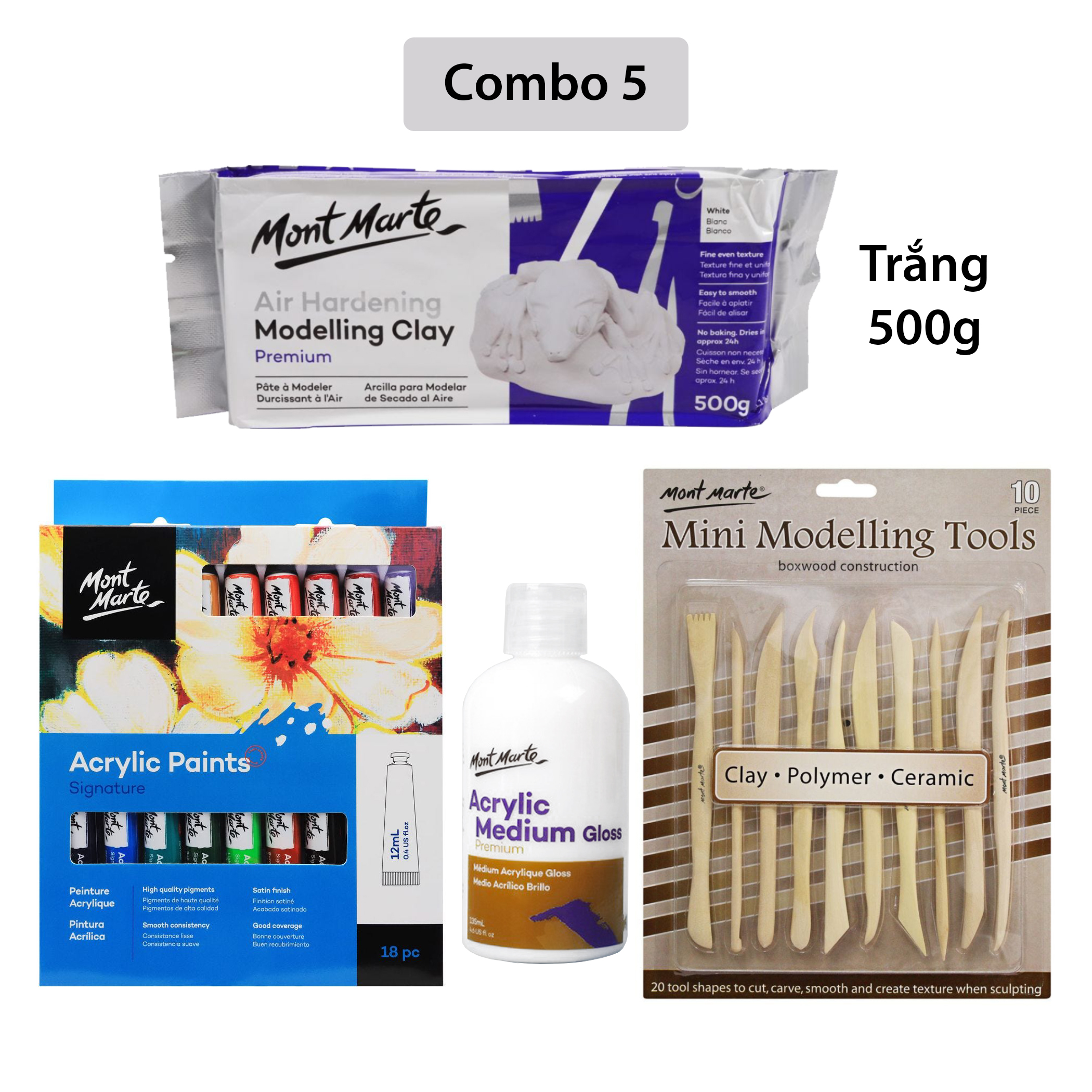 [Giao Hỏa Tốc] Combo Đất Sét Tự Khô 500g Mont Marte và dụng cụ (Air Hardening Modelling Clay)