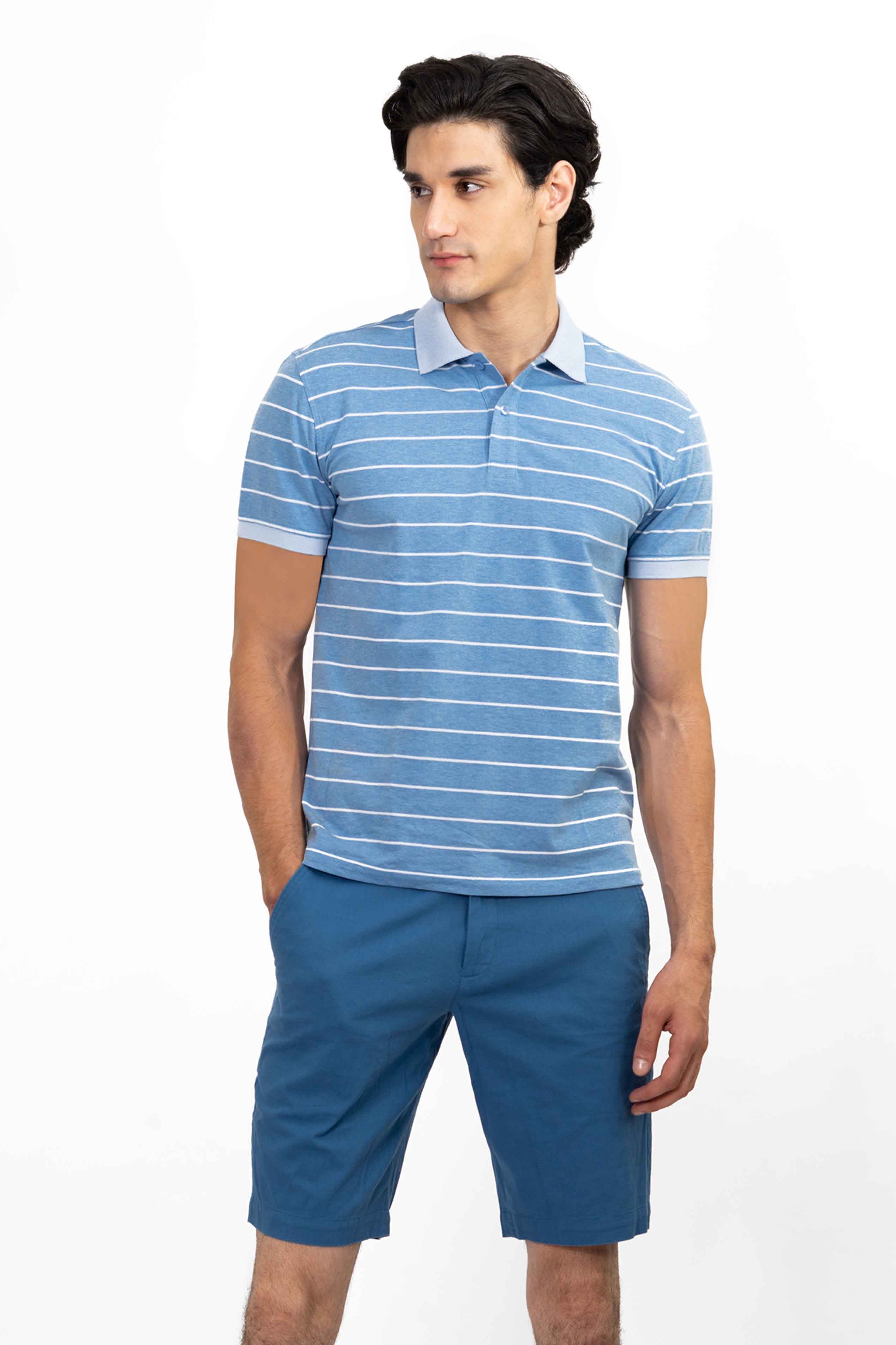 Áo Polo nam Novelty kẻ sọc ngang màu trắng xanh NATMSLMCSR191230N