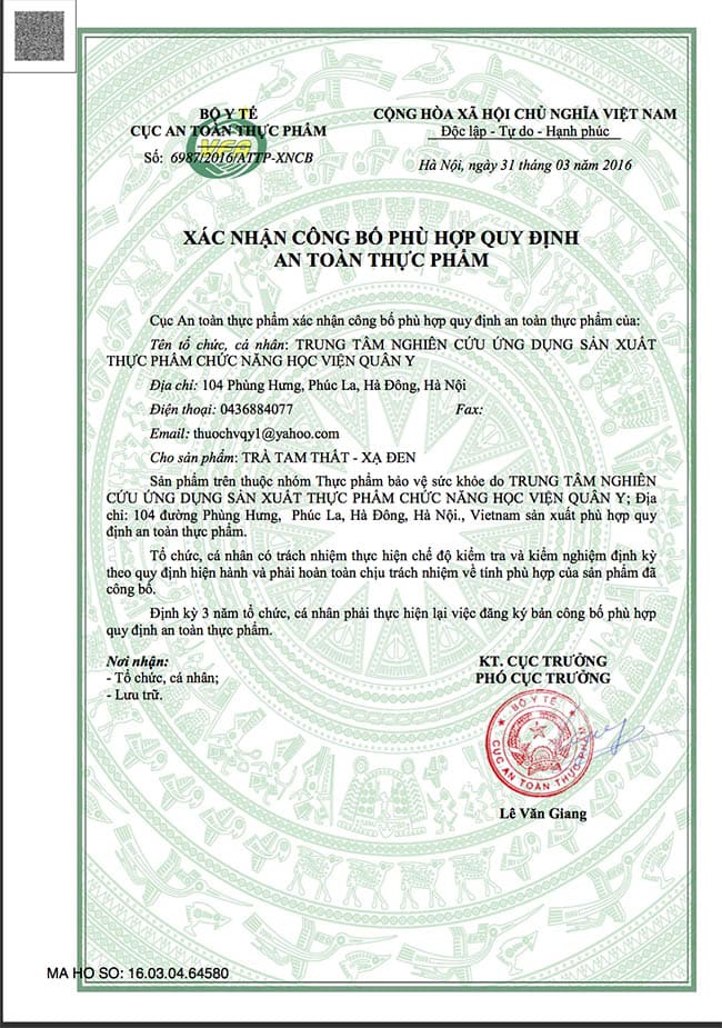 TRÀ TAM THẤT XẠ ĐEN - Học viện quân y.
