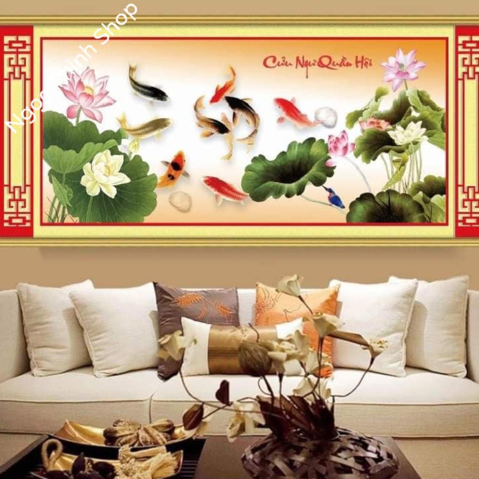 Tranh thêu chữ thập Cửu Ngư Quần Hội FJ0682 kích thước 186cm x 79cm