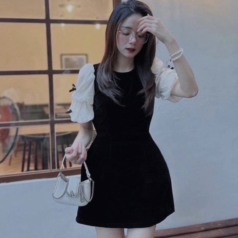 Đầm nhung( có bigsize) tay voan đính nơ