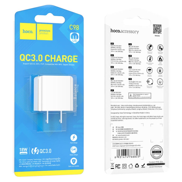 Bộ sạc nhanh 18W Hoco C98 cổng USB, QC3.0 cho điện thoại Android