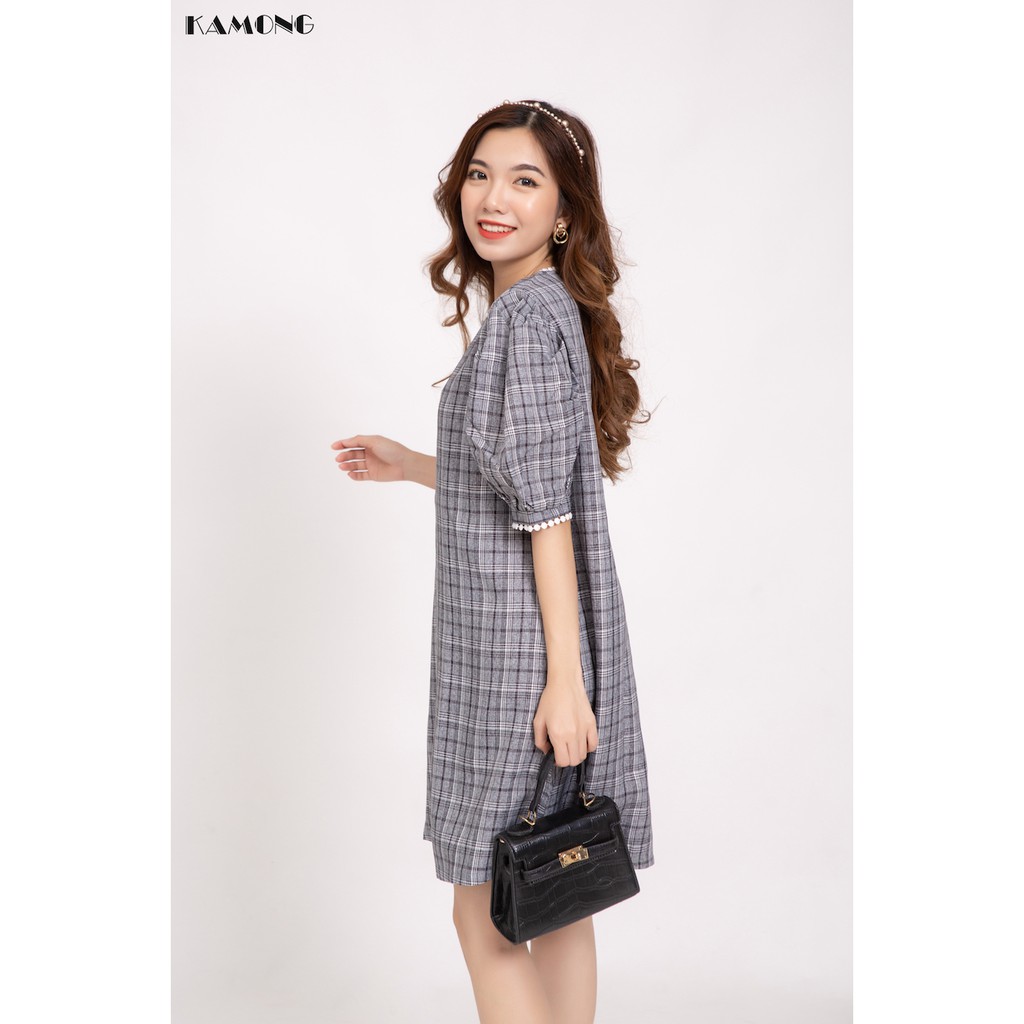 Đầm Suông Caro Phối Cổ Ren Kamong D086