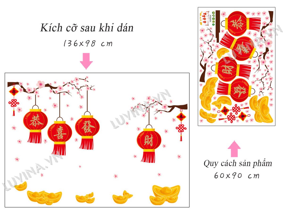 DECAL DÁN TƯỜNG TẾT CÀNH ĐÀO LỒNG ĐÈN ĐỎ 2
